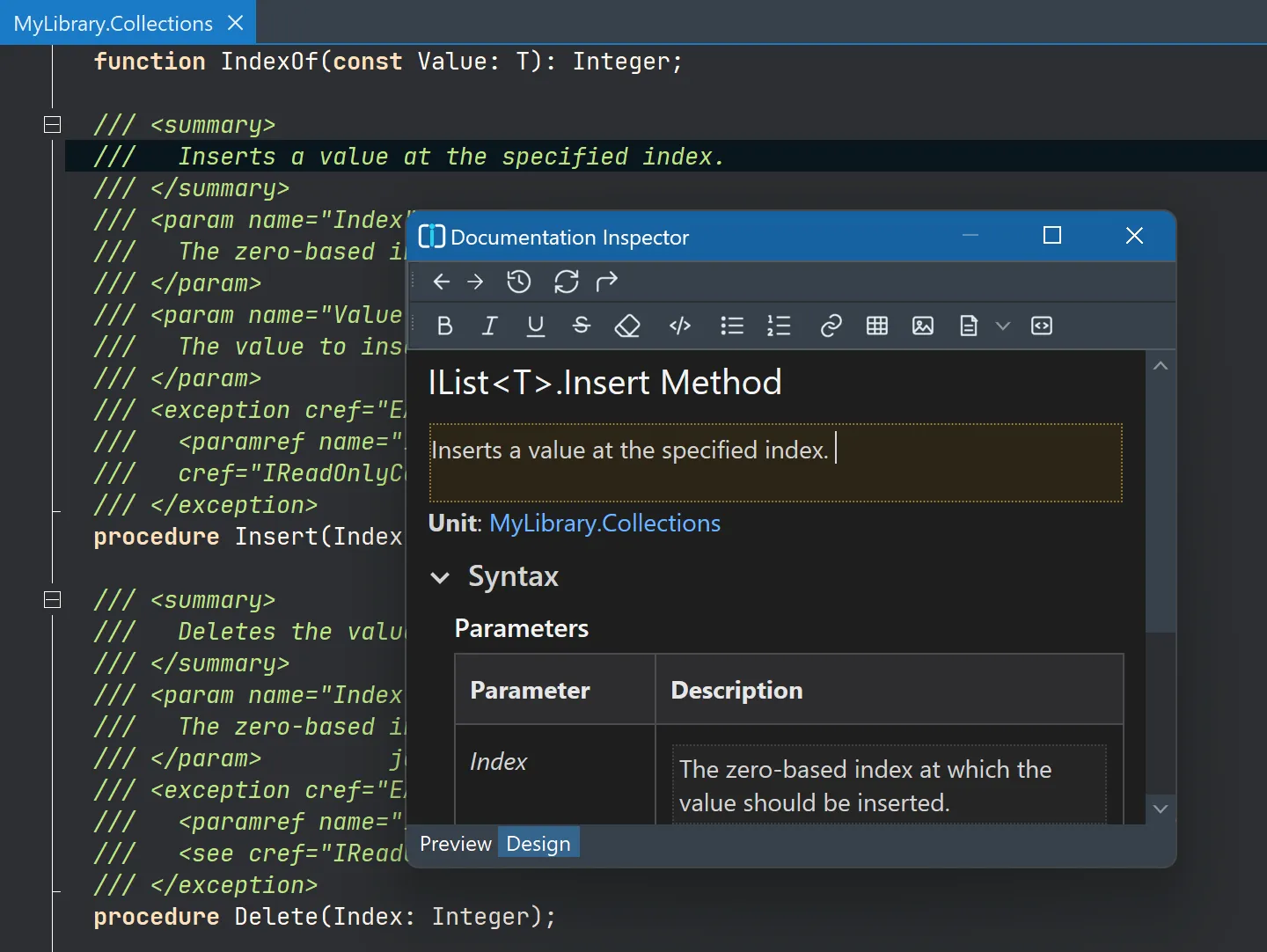 Documentation Inspector running inside the Delphi IDE