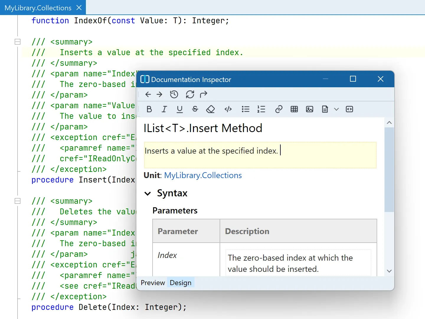 Documentation Inspector running inside the Delphi IDE